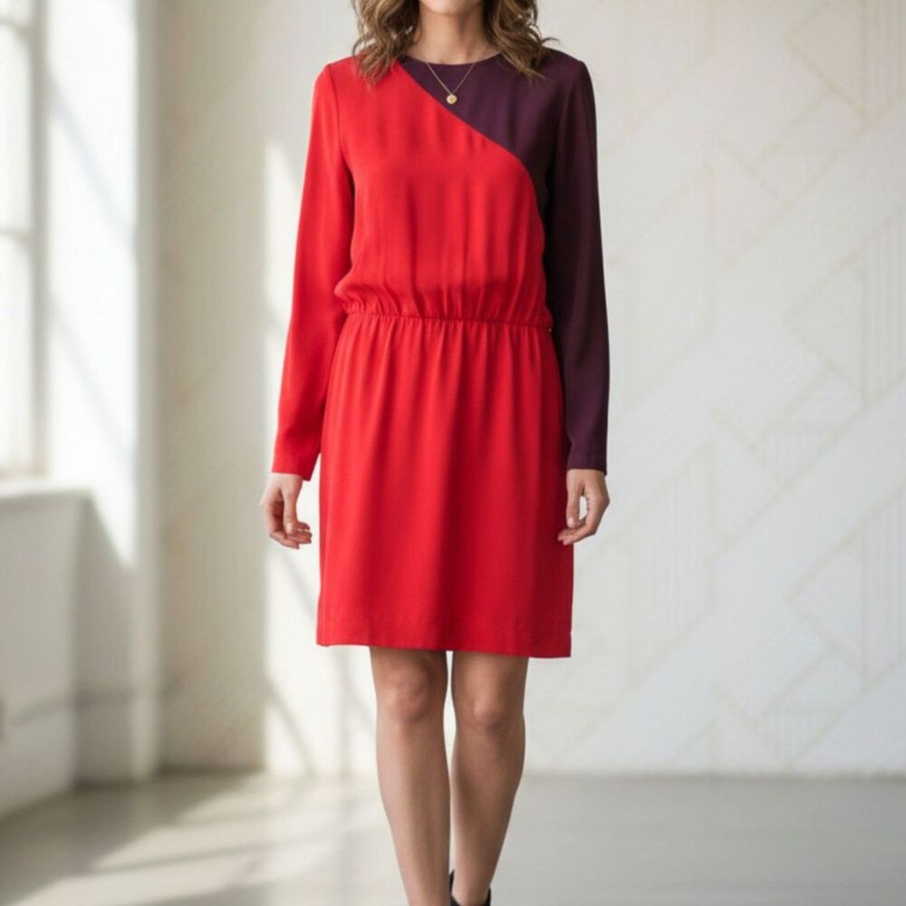 Tibi Colorblock Silk Dress in Red and Burgundy Long Sleeve 100% Silk Size 6 NWT